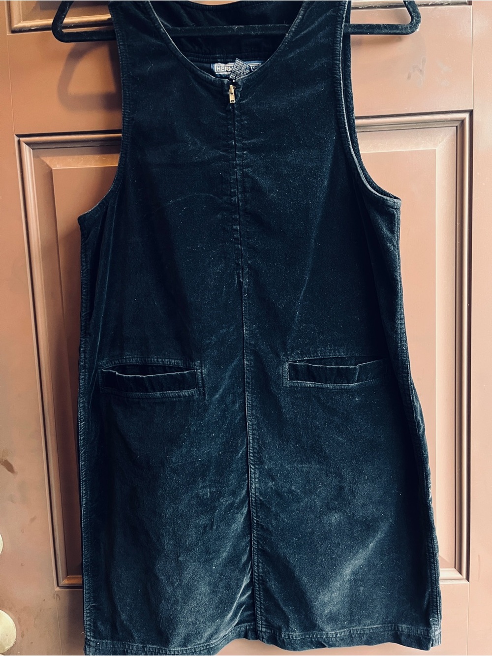 Vintage Herman Geist Black Velvet jumper Dress with Front Zip Deep Pockets Sz 8